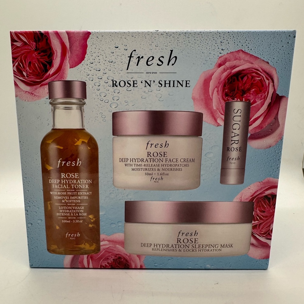 NEW FRESH COSMETICS‎ ~ ROSE ' N ' SHINE 4 PC SET ~ BOXED Fully sealed!